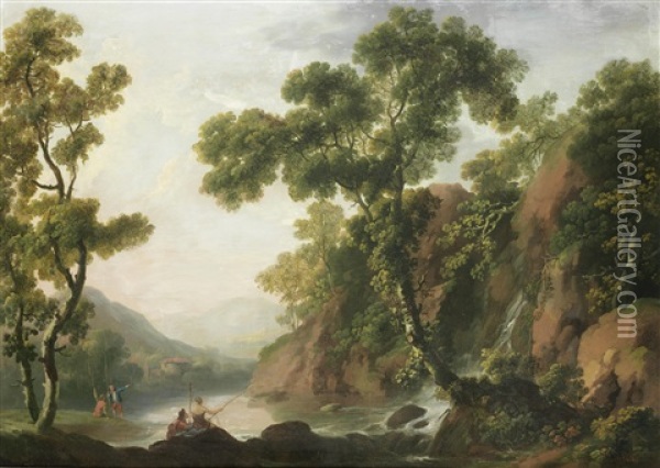 Peasants Fishing On The Banks Of A River, With A Rocky Landscape Beyond Oil Painting - George Barret