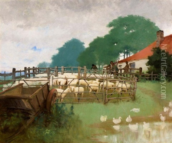 A Sheep Pen Oil Painting - Harry Jones Thaddeus