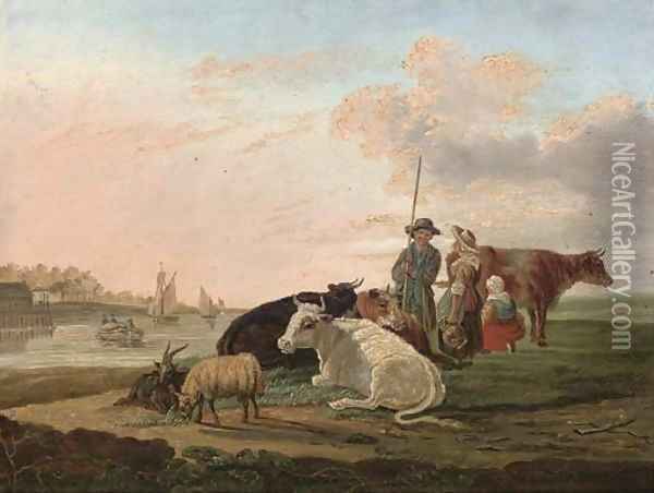 A landscape with a drover, his family and cattle Oil Painting - Jacob Van Stry