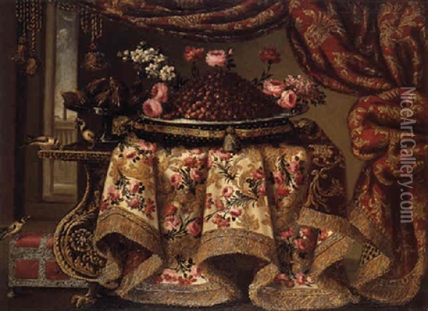 A Platter Of Wild Strawberries With Flowers On A Pillow And A Tazza Of Figs On A Console Table Partially Draped With A Cloth Oil Painting - Antonio Gianlisi