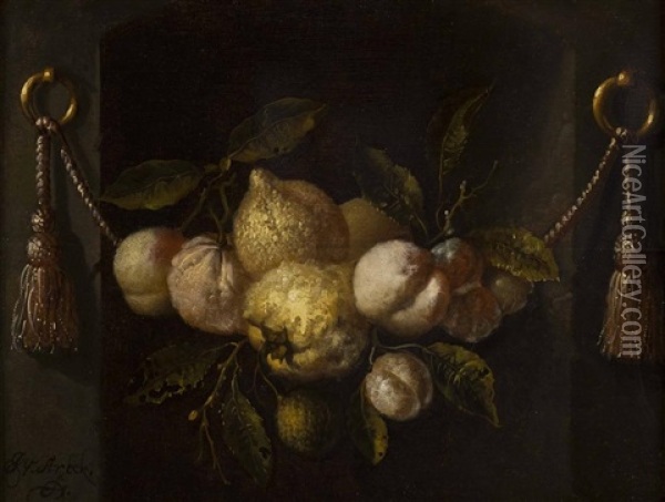 A Still Life Of Lemons, Peaches And Grapes In A Niche With Swags Oil Painting - Juriaen van Streeck
