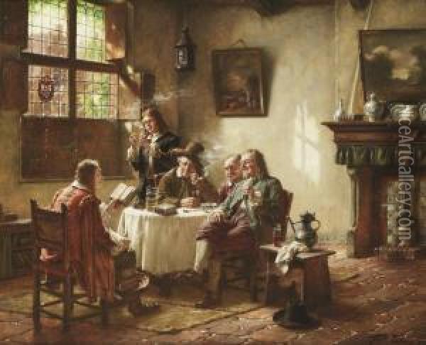 A Merry Company, Smoking And Drinking In A Sunlit Interior Oil Painting - Fritz Wagner