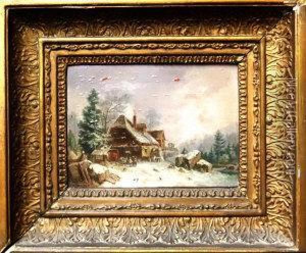 Watermill In A Winter Landscape Oil Painting - Andries Vermeulen