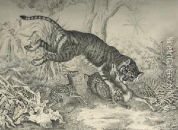 A Tiger Killing A Sika Deer Oil Painting - Raden Sjarief B. Saleh