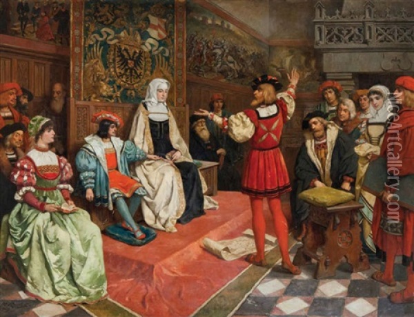 Christoffel Columbus Licht Zijn Plannen Toe Voor Koningin Isabella Oil Painting - Joseph Leopold Ratinckx
