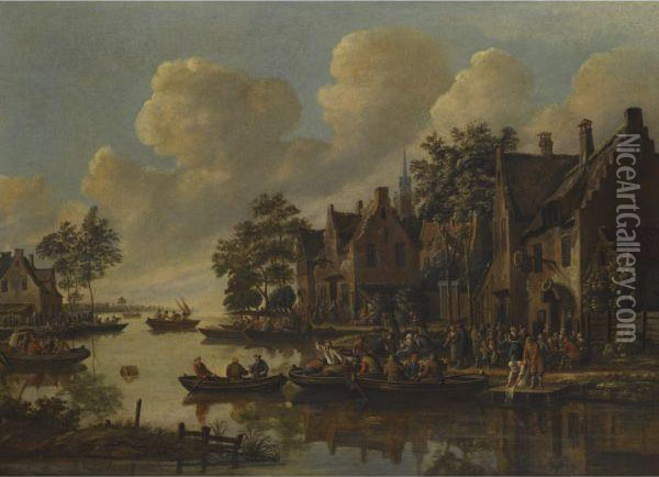 A Village On The Banks Of A River With Numerous People Drinkingoutside An Inn Oil Painting - Thomas Heeremans