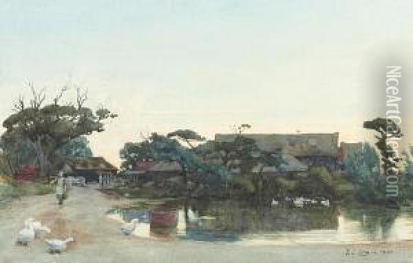 Farmstead With Ducks And Pond Oil Painting - Frederick George Cotman