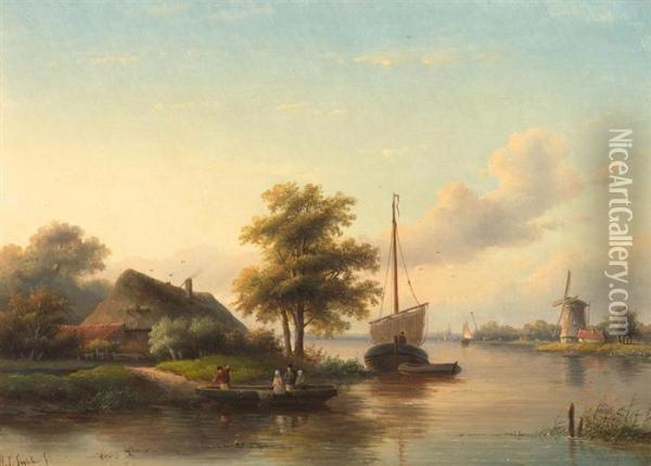 River Lanscape With Cottage, Ships And Windmill Oil Painting - Jan Jacob Coenraad Spohler