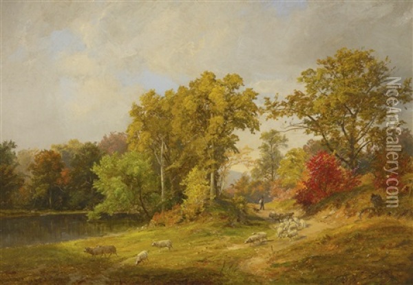 Autumn Landscape With Shepher, Dog And Sheep Oil Painting - Jasper Francis Cropsey