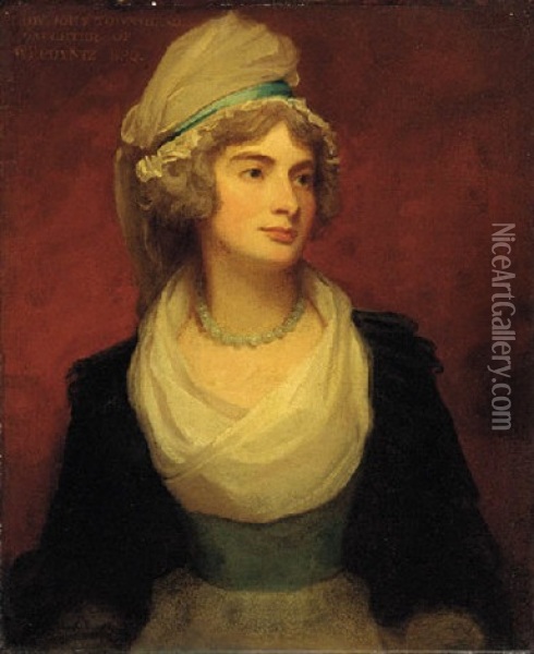 Portrait Of Georgiana-anne, Lady John Townshend, In A White Dress, Black Cloak And A White Bonnet With Blue Ribbon Oil Painting - George Romney