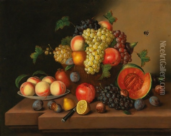 Large Decorative Still Life With Fruit Oil Painting - Georg Seitz