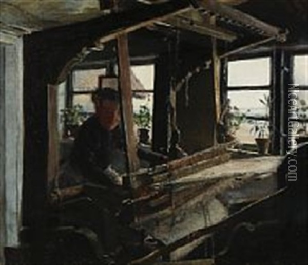 At The Loom In The Corner Of The Room Oil Painting - Laurits Andersen Ring