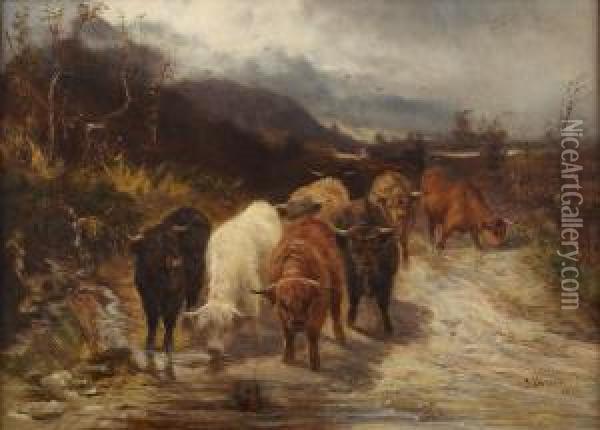 Highland Cattle On A Mountain Path Oil Painting - Joseph Denovan Adam