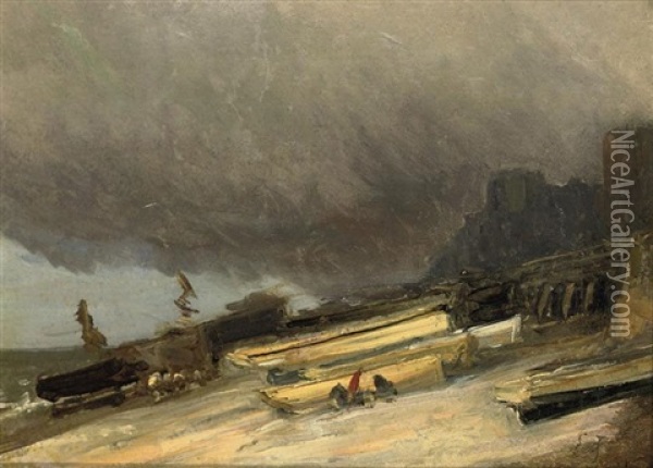 Barques Echouees Sur Le Sable Oil Painting - Louis-Gabriel-Eugene Isabey