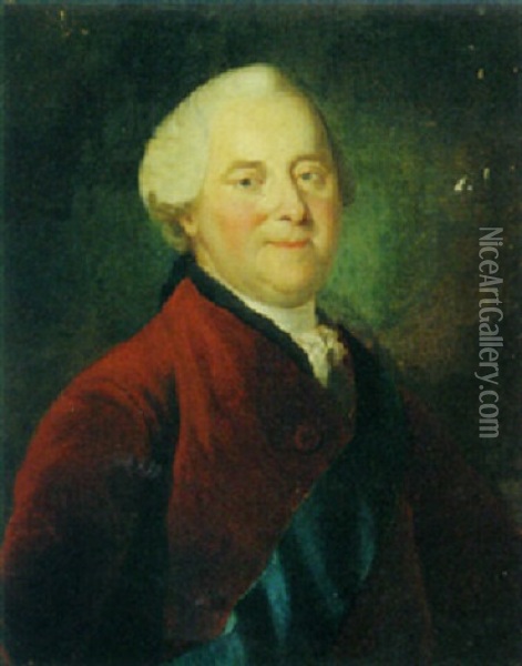 Portrait Of A Gentleman Wearing A Red Coat And A Blue Order Sash Oil Painting - Anton Graff