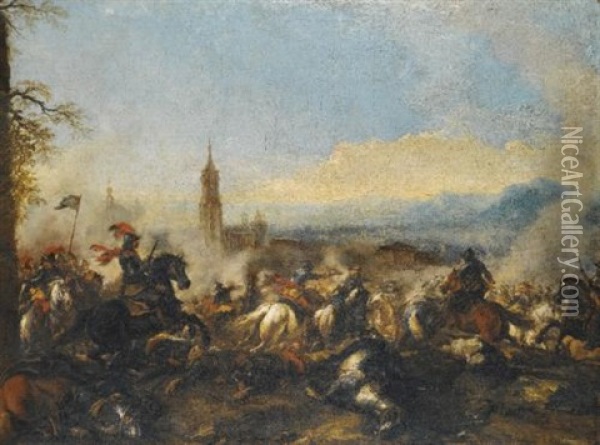 A Cavalry Engagement, A Cathedral Beyond (+ A Cavalry Skirmish; Pair) Oil Painting - Jacques Courtois