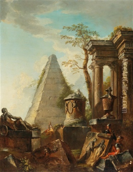 Classical Scene With The Pyramid Of Caius Cestius Oil Painting - Giovanni Paolo Panini