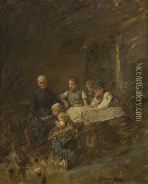 Grosmutter Mit Ihren Enkeln Beim Futtern Der Huhner Oil Painting - Carl Mayr-Graetz