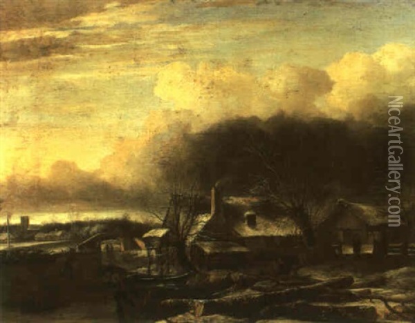 Winter Landscape With A Man Gathering Faggots On A Frozen Pond Oil Painting - Jan Van De Cappelle