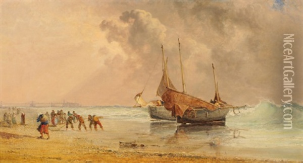 Beaching Boats In Brighton Oil Painting - Arthur Joseph Meadows