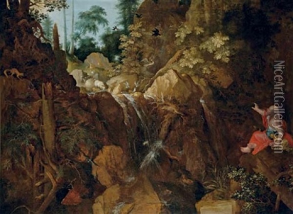 A Rocky Wooded River Landscape With Saint Onuphrius Oil Painting - Roelandt Savery