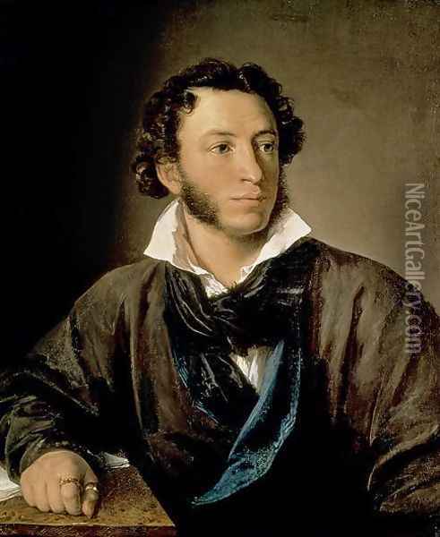 Portrait of Alexander Pushkin 1799-1837 Oil Painting - Vasili Andreevich Tropinin
