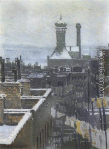 Rooftops In Winter Oil Painting - George F. Muendel