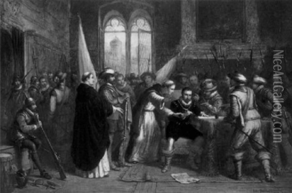 John Of Austria Signing His Abdication At Utracht, Holland 1523 Oil Painting - Andrew Sheerboom