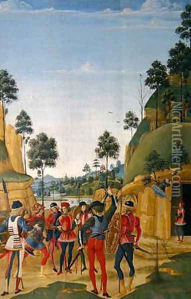 Arrest of a young man and his liberation by St Bernardino of Siena 1380-1444 Oil Painting - Fiorenzo di Lorenzo