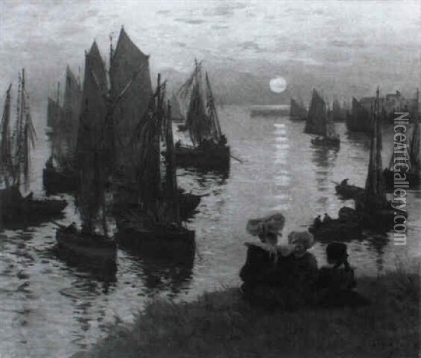 Abendstimmung In Einem Bretonischen Fischerhafen Oil Painting - Fernand Marie Eugene Legout-Gerard