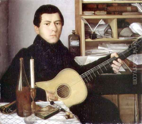 Portrait of a Young Man with a Guitar, c.1830 Oil Painting - Anonymous Artist