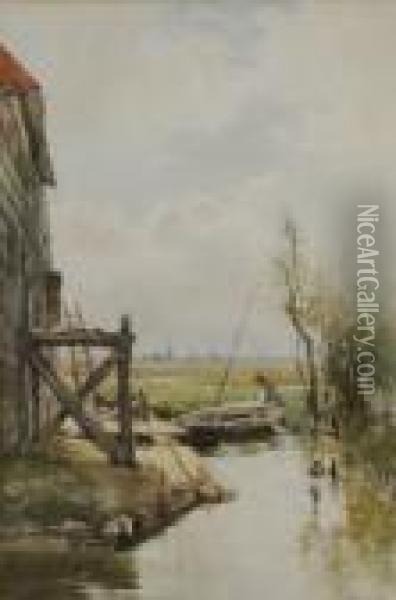 Fisherman By A Boat In A Canal Landscape Oil Painting - William Bingham McGuinness