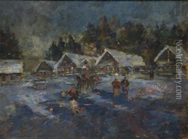 Village Sous La Neige Oil Painting - Konstantin Alexeievitch Korovin