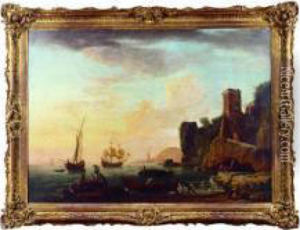 Navires Pres D'une Cote Rocheuse Animee De Pecheurs Oil Painting - Jean Henry D'Arles
