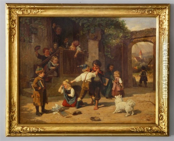 Depicting A Schoolyard Scene With Children And Schoolmaster Oil Painting - Karl Boeker