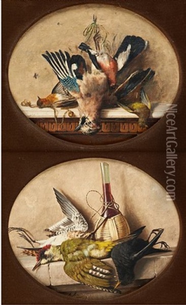 Nature Morte Aux Oiseaux Sur Entablement (2 Works) Oil Painting - Michelangelo Meucci