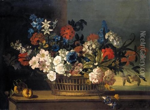 Still Life Of Flowers In A Basket Upon A Ledge Oil Painting - Pieter Casteels III