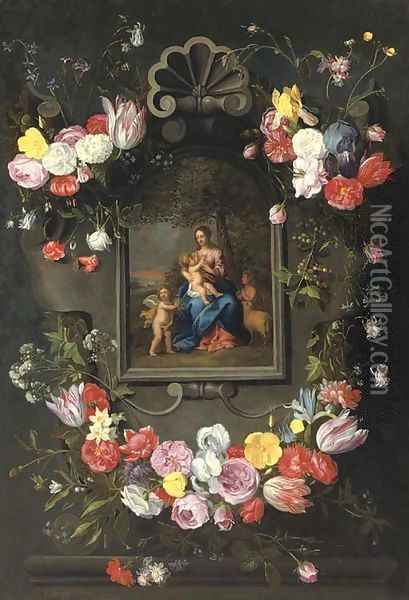 The Madonna and Child with Saint John the Baptist and an angel surrounded by a garland of mixed flowers Oil Painting - Jan The Elder Brueghel
