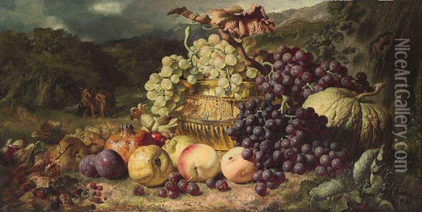 Still Life With Fruit In A Landscape, A Hunting Party Beyond Oil Painting - George Lance