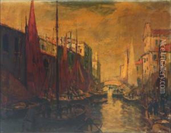 Blick Auf Einen Kanal Mit Booten Einer Wohl Italienischen Stadt Oil Painting - Otto Hammel