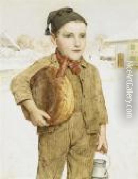 Boy With Milk Can And Loaf Of Bread Oil Painting - Albert Anker