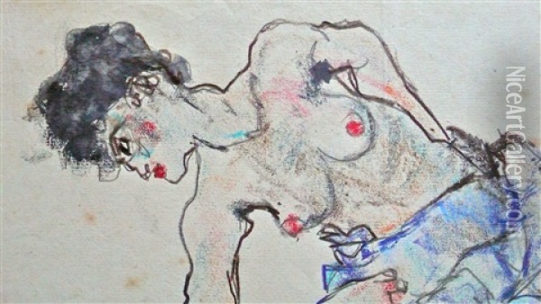 Untitled (study Of A Kneeling Female Nude) Oil Painting - Egon Schiele