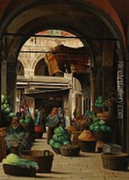 Market Scene From Piazza Del Erbe, Verona Oil Painting - Josef Theodor Hansen