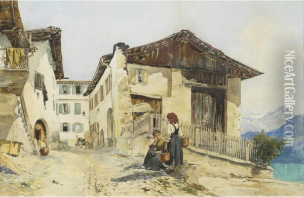 A Street Scene In St Moritz, Engadine Oil Painting - Cecilia Melanie Beresford