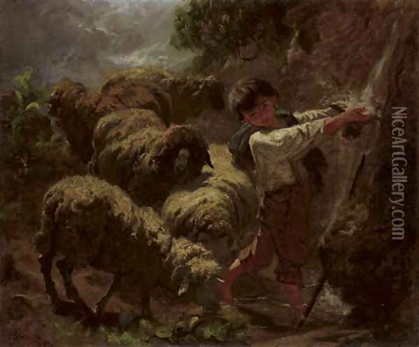 Hirtenbub mit Schafen an der Quelle Oil Painting - Rudolf Koller