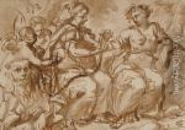 Allegorical Figures With A Lion Oil Painting - Pietro Da Cortona (Barrettini)