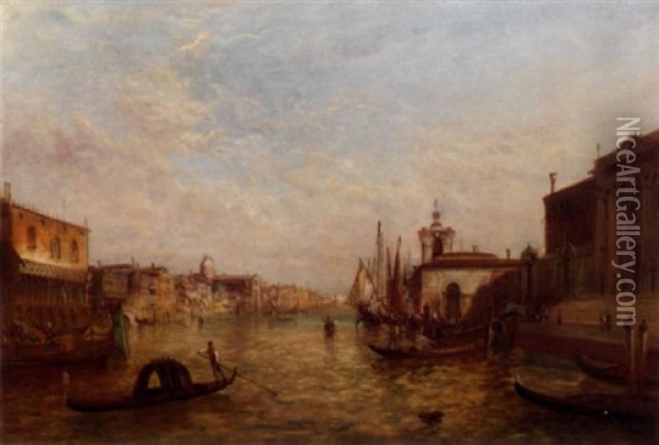 Gondoliers On The Grand Canal Near The Punta Della Dogana With Palazzo Ducale Beyond, Venice Oil Painting - Alfred Pollentine