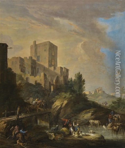 An Italianate Landscape With A Castle On A Hill, And Figures With Animals In The Water And Crossing A Bridge In The Foreground Oil Painting - Luca Carlevarijs