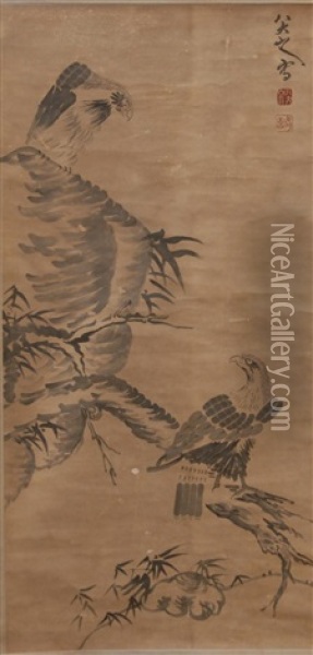 Eagles Perched On Branch And Rock Formation Oil Painting -  Bada Shanren