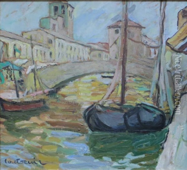 Bateaux Amarres Dans Un Canal Oil Painting - Maurice Albert Loutreuil